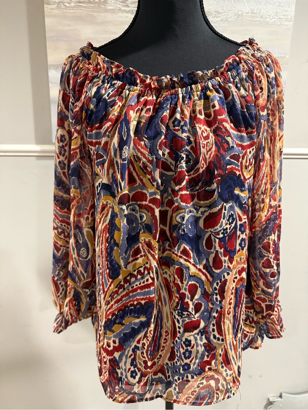 CeCe Paisley Off-Shoulder Blouse in Red, Blue & Gold